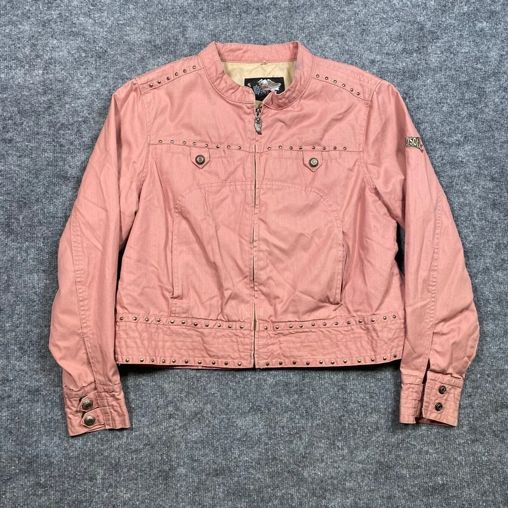 Harley-Davidson Womens Pink Studded Embroidered Moto Biker Jacket‎ Petite L